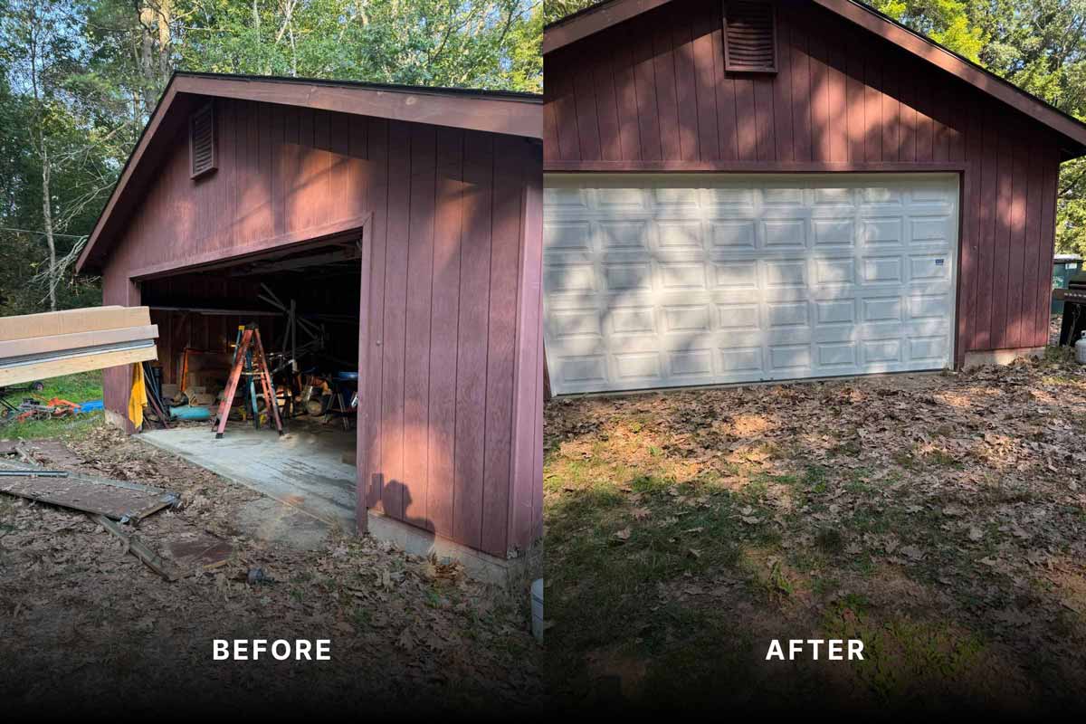 Before and after photos showing new garage door installation from Suppa & Sons Overhead Doors