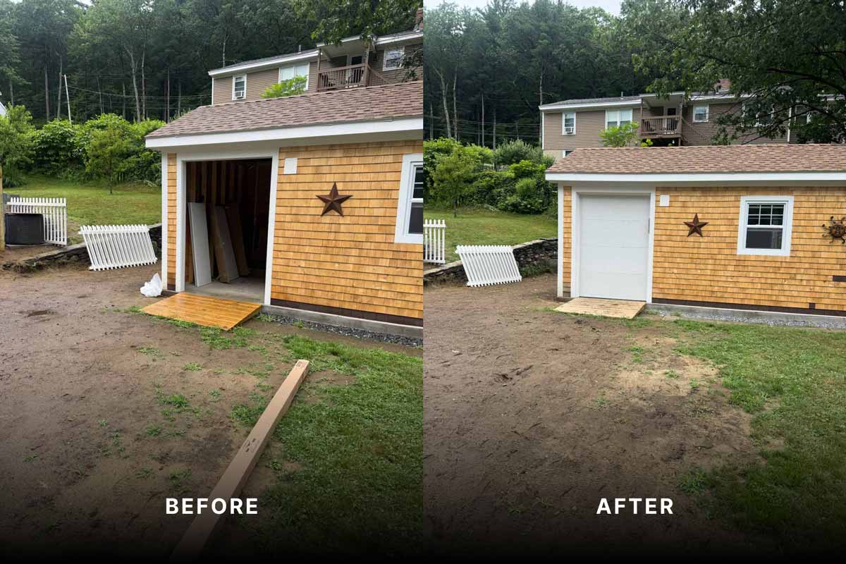 Before and after photos showing new garage door installation from Suppa & Sons Overhead Doors